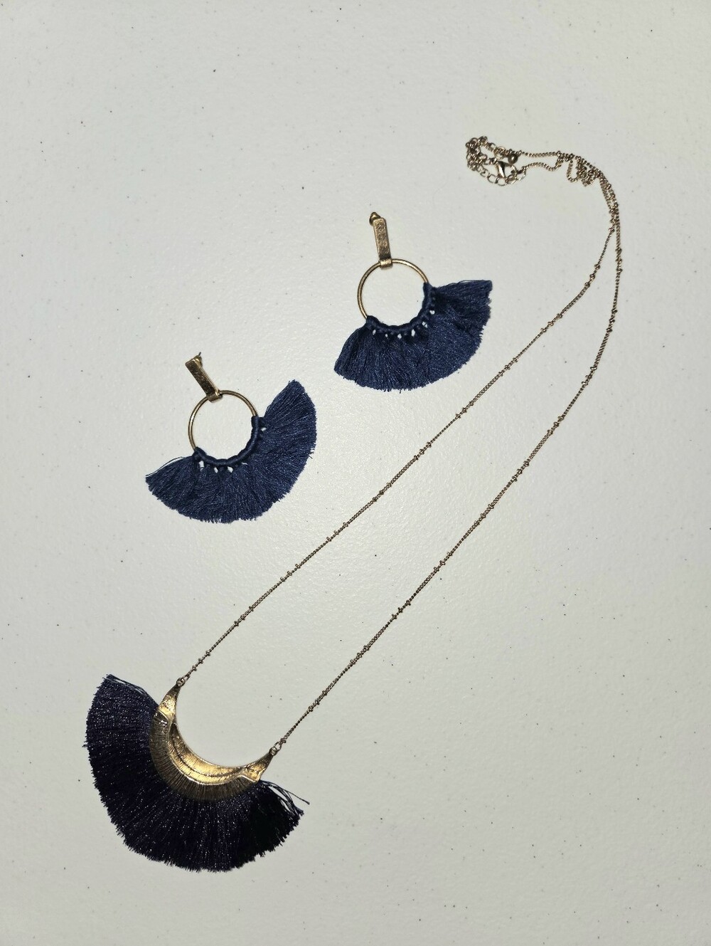 Boho Navy Blue Tassel Statement Necklace & Matching Fan Earring Set